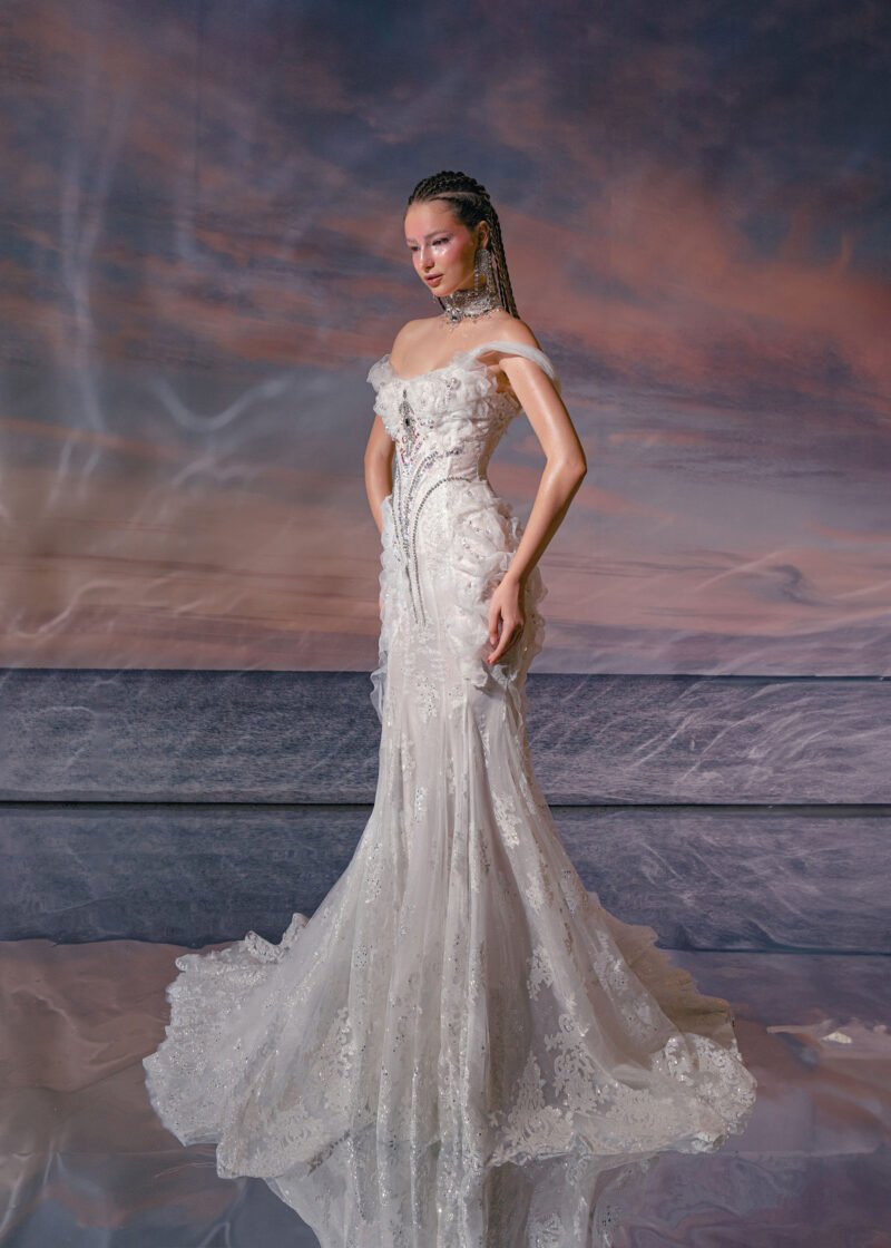 Off white Rhinestones beading Designer Mermaid Dress - Image 4