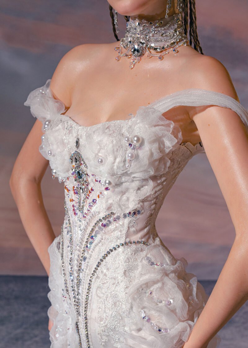 Off white Rhinestones beading Designer Mermaid Dress - Image 3