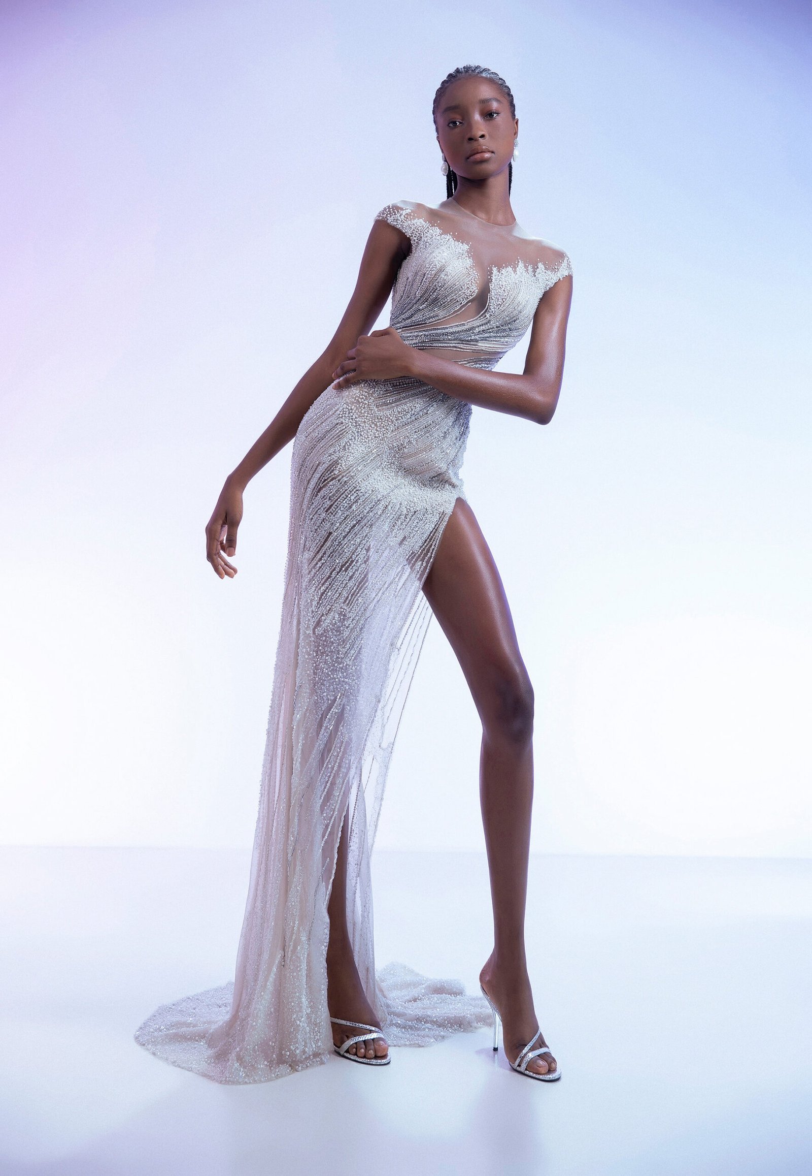 White Body- hugging Silhoutte Evening Gown with illusion neckline & Beads work - Image 3