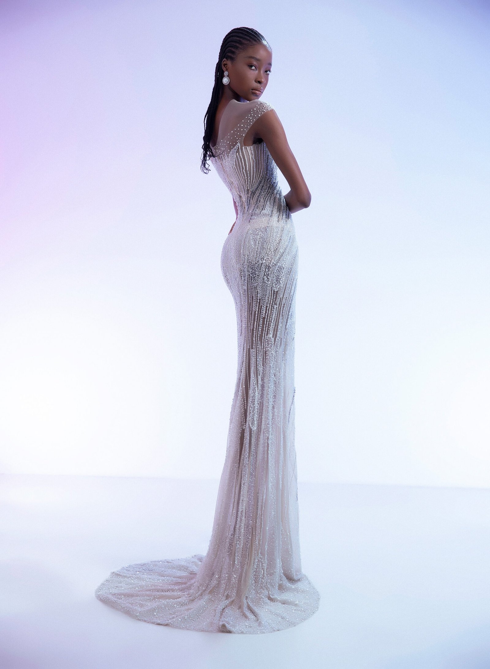 White Body- hugging Silhoutte Evening Gown with illusion neckline & Beads work - Image 4