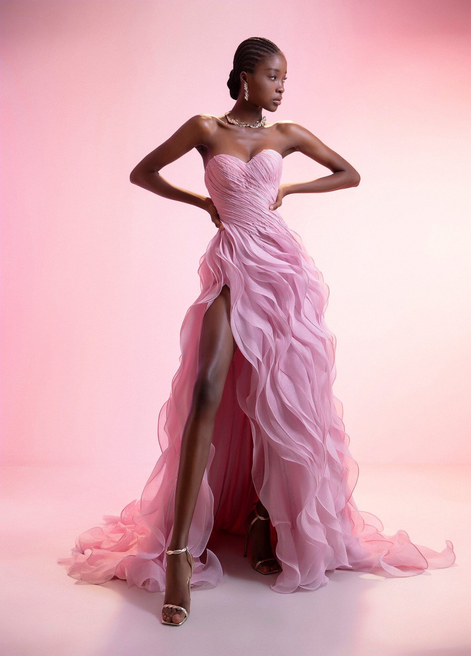 Strapless Sweetheart Pink Evening Gown with Dramatic Ruffled Chiffon Skirt