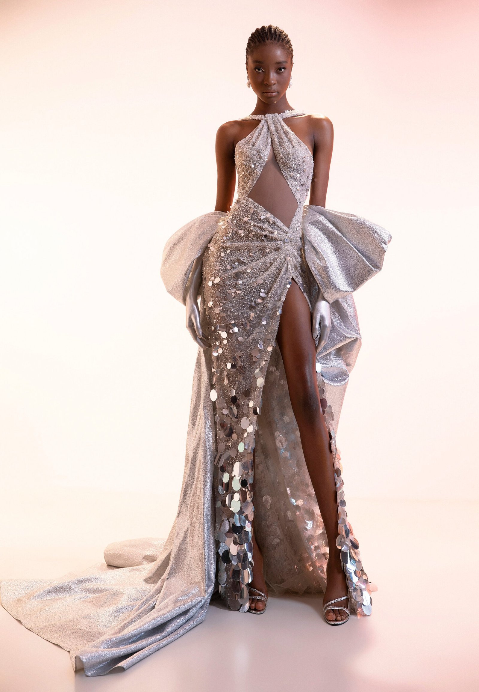 White Sequin Sheer  Halter Evening Gown with Sequins and Bows