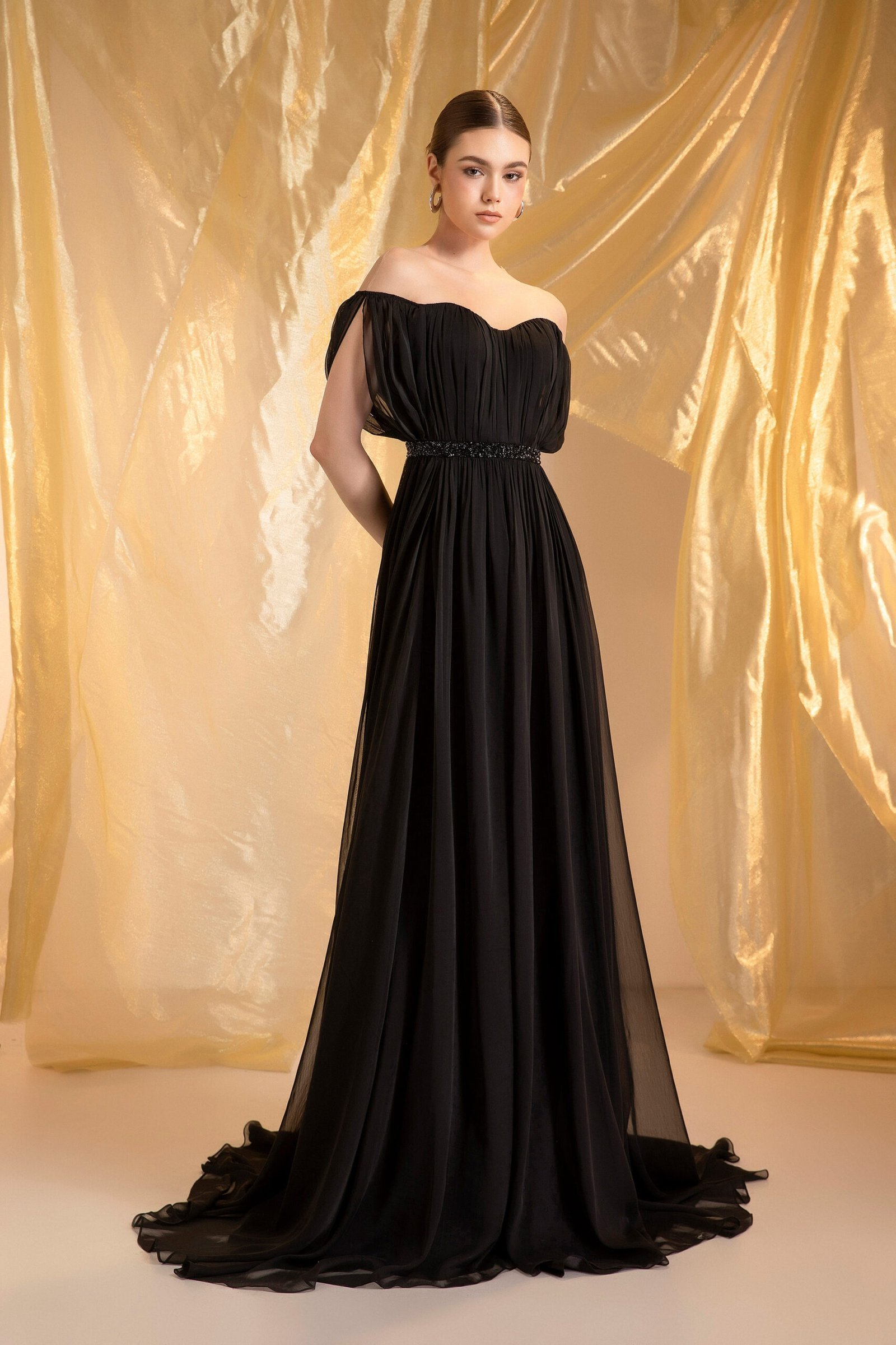Midnight Muse Chiffon Evening Gown with Off-Shoulder Draped Neckline