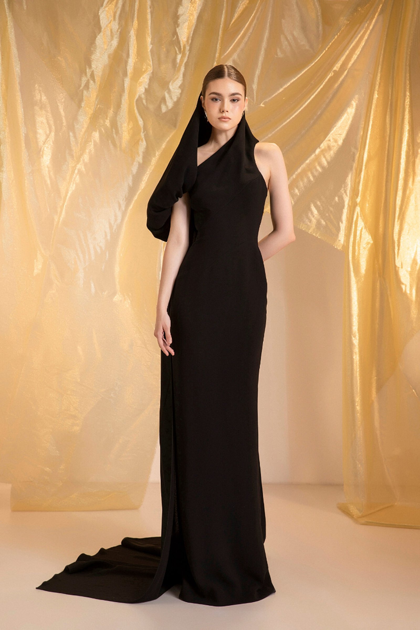 Obsidian Black One-Shoulder with High Neckline Crepe Evening Gown