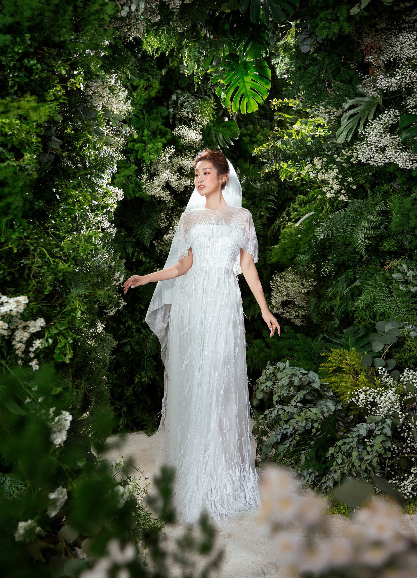 Hand-Embellished Crystal White Bridal Gown with Feather Accents