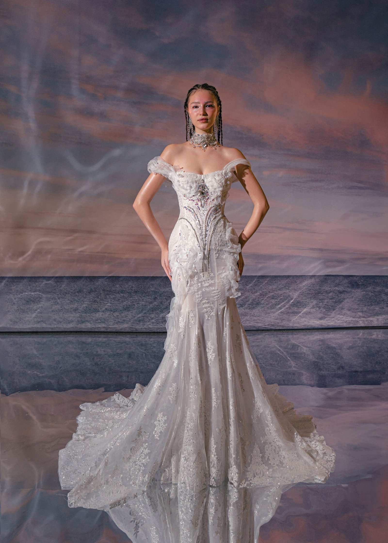 Off white Rhinestones beading Designer Mermaid Dress